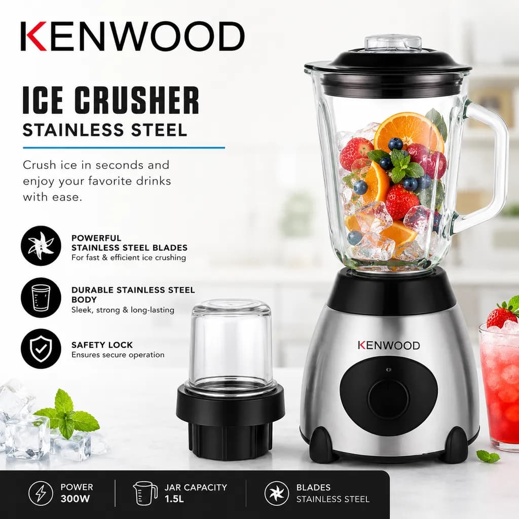 Kenwood Ice Crusher 300W Blender with 1.5L Glass Jar, Stainless Steel Blades & Safety Lock - Image 1