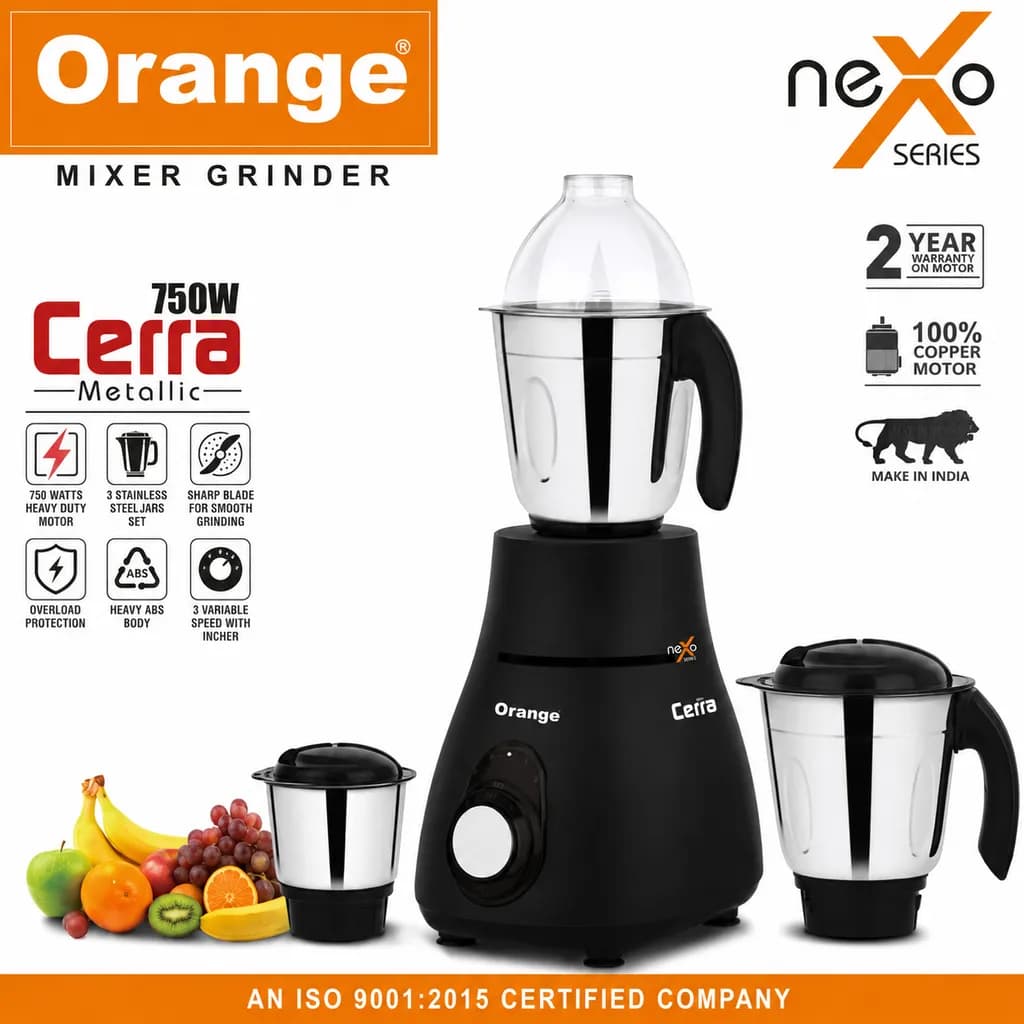 Orange Cerra Metallic 750W Mixer Grinder – neXo Series - Image 1